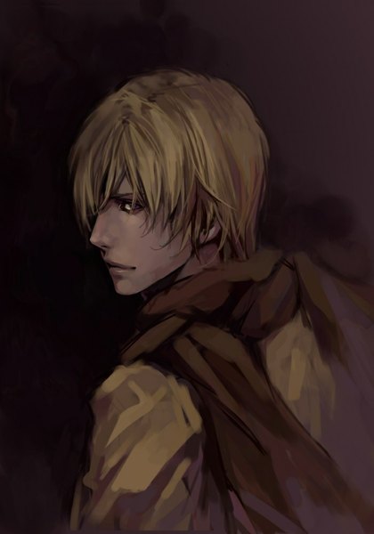 Anime picture 700x1000 with axis powers hetalia studio deen russia (hetalia) shibue single tall image short hair blonde hair brown eyes looking back dark background boy scarf