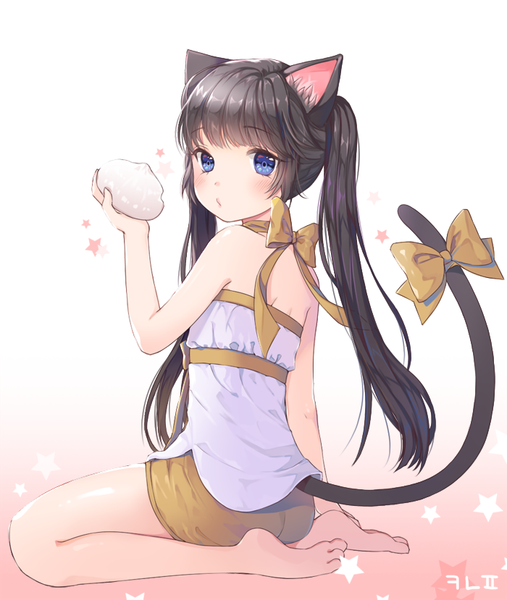Anime picture 700x829 with original canape long hair tall image looking at viewer blush fringe blue eyes black hair sitting twintails bare shoulders animal ears bent knee (knees) tail animal tail looking back barefoot from behind cat ears