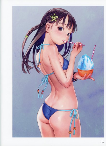 Anime picture 5092x6966 with original futurelog (artbook) range murata single long hair tall image looking at viewer fringe highres breasts light erotic simple background brown hair holding brown eyes absurdres ass braid (braids) looking back from behind