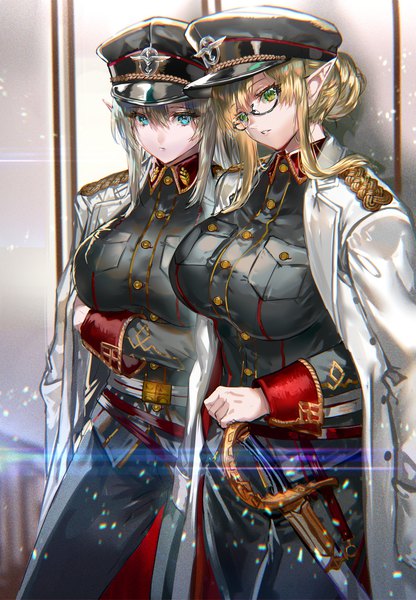 Anime picture 1109x1600 with original ranou long hair tall image looking at viewer fringe short hair breasts blue eyes blonde hair hair between eyes large breasts standing multiple girls payot silver hair long sleeves head tilt pointy ears hair bun (hair buns)