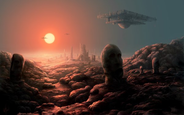 Anime picture 1280x800 with original vityar83 (artist) wide image evening sunset landscape ruins science fiction panorama statue