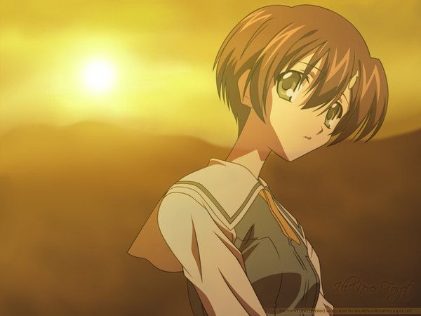 Anime picture 1600x1200 with sola ishizuki mana single short hair hair between eyes brown hair green eyes looking away upper body wallpaper girl uniform school uniform hairclip sun