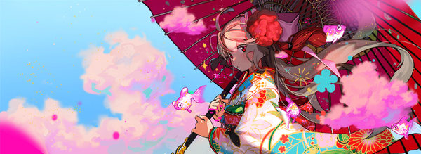 Anime picture 896x328 with original uzubilla single long hair looking at viewer blush fringe red eyes wide image holding pink hair sky cloud (clouds) ahoge long sleeves traditional clothes japanese clothes multicolored hair grey hair wide sleeves
