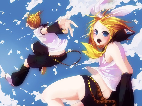 Anime picture 2000x1500 with vocaloid kagamine rin kagamine len memai highres sky twins girl