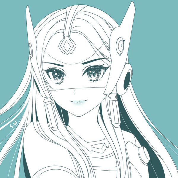 Anime picture 900x900 with overwatch blizzard entertainment symmetra (overwatch) atobesakunolove single long hair looking at viewer simple background signed upper body lips monochrome portrait aqua background artist name girl earrings headdress jewelry