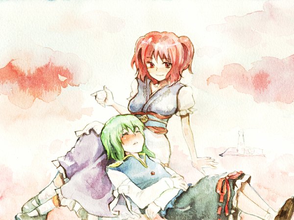 Anime picture 1024x768 with touhou onozuka komachi shikieiki yamaxanadu kuma (artist) multiple girls lap pillow girl 2 girls