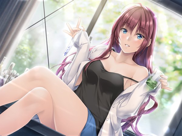 Anime picture 1472x1104 with idolmaster idolmaster cinderella girls ichinose shiki n69 single long hair sitting bare shoulders purple hair crossed legs girl labcoat