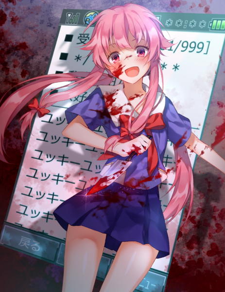 Anime picture 1000x1294 with mirai nikki gasai yuno chocoan single long hair tall image looking at viewer blush open mouth twintails pink hair ponytail pink eyes girl skirt uniform ribbon (ribbons) miniskirt serafuku blood