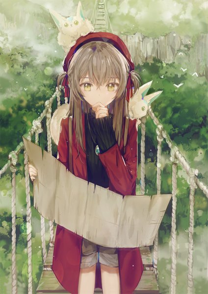 Anime picture 700x990 with original dangmill single long hair tall image fringe hair between eyes brown hair standing holding yellow eyes long sleeves animal on shoulder animal on head girl bow ribbon (ribbons) plant (plants) hair bow hair ribbon