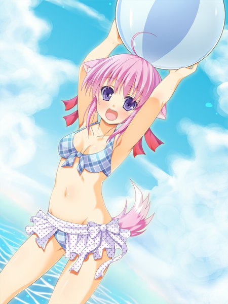 Anime picture 750x1000 with dog days millhiore f biscotti asa no ha single tall image blush short hair open mouth blue eyes light erotic pink hair sky cloud (clouds) tail animal tail dog tail dog girl girl navel swimsuit
