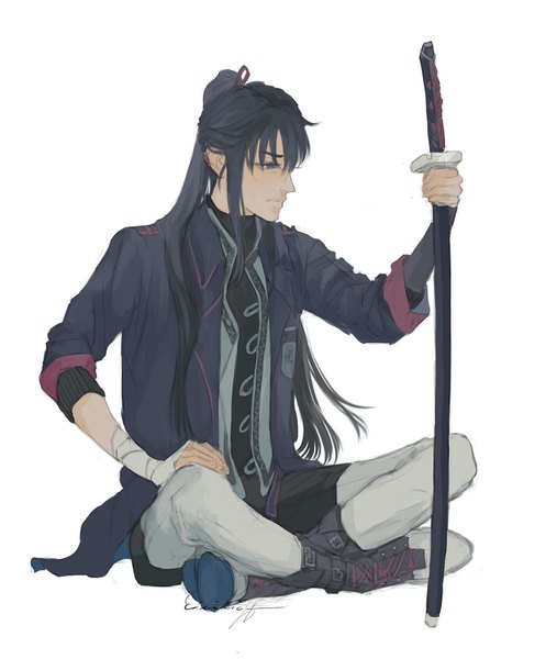 Anime picture 1280x1513 with d.gray-man kanda yuu eicinic single long hair tall image blue eyes black hair simple background white background sitting holding signed ponytail profile open jacket turning head hand on knee indian style boy
