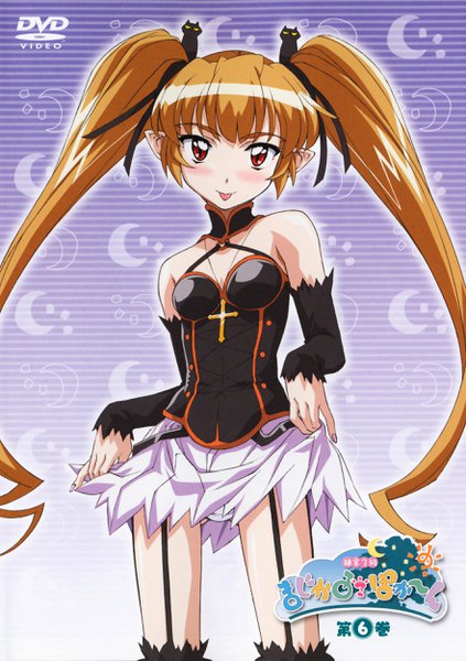 Anime picture 1764x2500 with renkin san-kyuu magical pokaan pachira hirata katsuzou single long hair tall image looking at viewer blush highres blue eyes light erotic red eyes standing twintails pointy ears orange hair copyright name skirt lift :p purple background