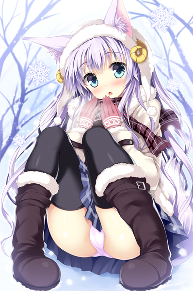 Anime picture 531x800 with original tateha (marvelous grace) single long hair tall image blush open mouth blue eyes light erotic animal ears white hair pleated skirt pantyshot fur trim exhalation bare tree upskirt cold girl thighhighs