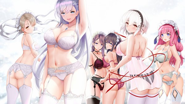 Anime picture 3700x2080 with azur lane belfast (azur lane) sirius (azur lane) sheffield (azur lane) suffolk (azur lane) curacao (azur lane) curlew (azur lane) piukute062 long hair looking at viewer blush fringe highres short hair breasts open mouth blue eyes light erotic blonde hair simple background