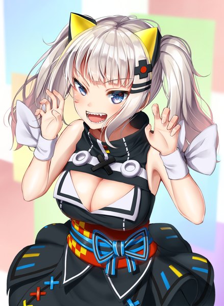 Anime picture 900x1230 with virtual youtuber the moon studio kaguya luna superpig (wlstjqdla) single long hair tall image looking at viewer blush fringe breasts open mouth blue eyes light erotic simple background smile large breasts standing twintails bare shoulders