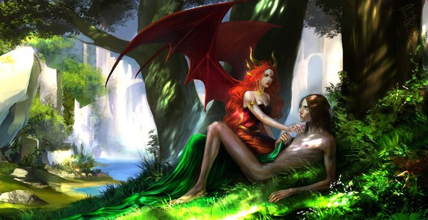 Anime picture 1600x824 with original anndr (artist) long hair short hair red eyes brown hair wide image sitting bare shoulders brown eyes red hair lying very long hair nail polish horn (horns) fingernails sunlight sleeveless couple wavy hair