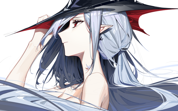 Anime picture 1500x938 with arknights gladiia (arknights) zhili xingzou single long hair fringe breasts simple background hair between eyes red eyes white background looking away silver hair upper body profile pointy ears adjusting hat girl hat earrings