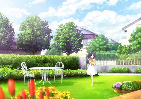 Anime picture 3233x2286 with clannad key (studio) ichinose kotomi highres absurdres landscape summer girl flower (flowers) toy stuffed animal chair sundress table teddy bear garden