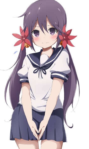 Anime picture 800x1345 with kantai collection akebono destroyer koutya single long hair tall image looking at viewer blush simple background smile white background purple eyes twintails purple hair ahoge pleated skirt hair flower alternate hairstyle hair bell girl
