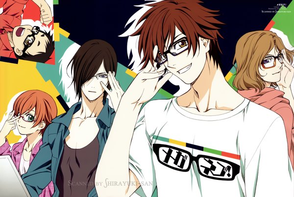 Anime picture 7000x4684 with meganebu! yukiya minabe mitsuki kamatani hayato kimata akira souma takuma hachimine long hair looking at viewer fringe highres short hair blue eyes black hair smile brown hair purple eyes brown eyes green eyes yellow eyes absurdres