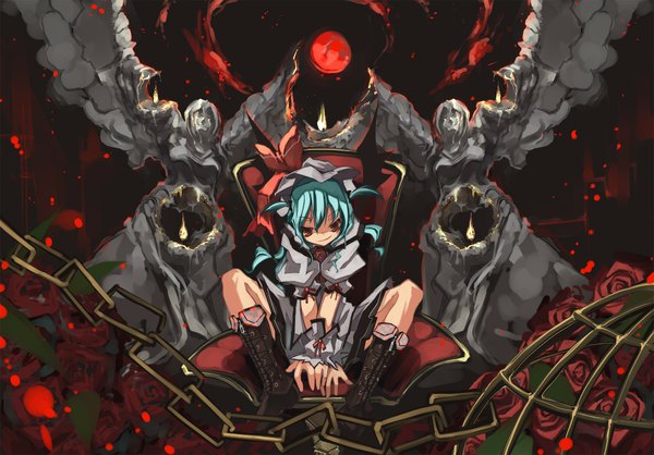 Anime picture 1966x1372 with touhou remilia scarlet shimadoriru single long hair looking at viewer highres red eyes sitting blue hair cloud (clouds) night spread legs puffy sleeves night sky angel wings lacing bat wings blood stains red moon