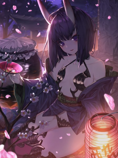 Anime picture 4492x5976 with fate (series) fate/grand order shuten douji (fate) cynd single tall image looking at viewer blush fringe highres short hair breasts light erotic sitting purple eyes holding absurdres purple hair outdoors traditional clothes