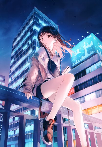 Anime picture 2409x3465 with original hiten (hitenkei) single long hair tall image looking at viewer fringe highres black hair red eyes sitting looking away bent knee (knees) outdoors blunt bangs wind scan off shoulder night arm support