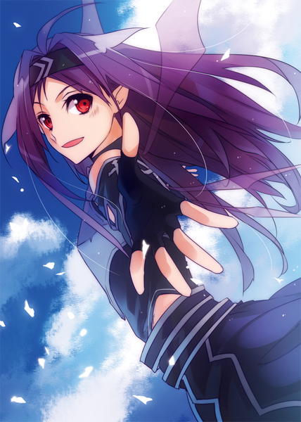 Anime picture 714x1000 with sword art online a-1 pictures yuuki (sao) sl died single long hair tall image looking at viewer blush open mouth smile red eyes sky cloud (clouds) ahoge wind pointy ears from below dutch angle outstretched hand