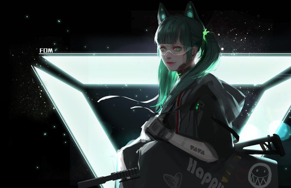 Anime-Bild 2800x1815 mit original fom (lifotai) single long hair looking at viewer fringe highres smile twintails holding green eyes green hair girl gloves uniform weapon gun hood military uniform goggles