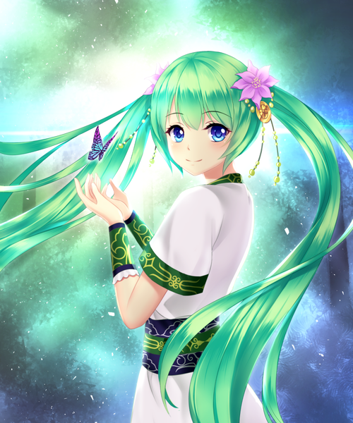 Anime picture 1000x1200 with vocaloid hatsune miku kalentine (lostangelvn) single long hair tall image blush blue eyes smile twintails hair flower green hair light girl hair ornament flower (flowers) belt insect butterfly jewelry