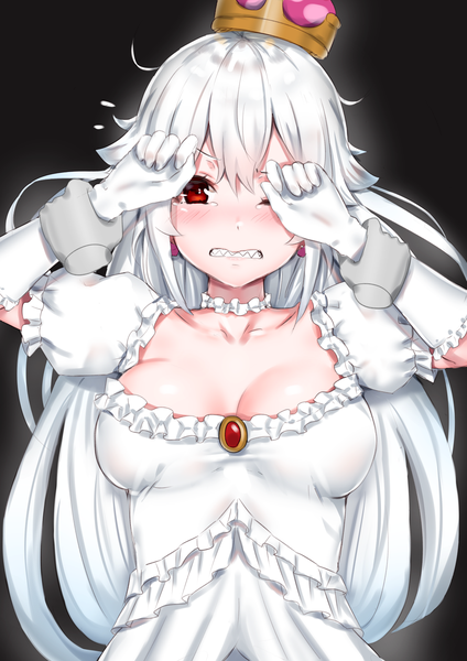 Anime picture 1059x1500 with super mario bros. new super mario bros. u deluxe princess king boo reinama long hair tall image looking at viewer blush fringe breasts light erotic simple background hair between eyes red eyes standing cleavage upper body white hair one eye closed teeth