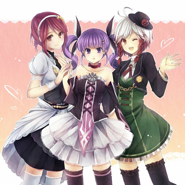 Anime picture 1000x1000 with tales of graces sophie (tales) cheria barnes pascal hagiwara rin long hair looking at viewer blush smile red eyes purple eyes twintails bare shoulders multiple girls purple hair red hair multicolored hair two-tone hair girl thighhighs