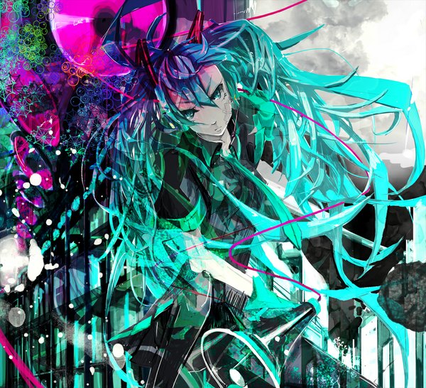 Anime picture 1004x915 with vocaloid koi wa sensou (vocaloid) hatsune miku single long hair twintails aqua eyes aqua hair girl gloves necktie megaphone