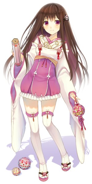 Anime picture 750x1500 with original yuuki rika single long hair tall image looking at viewer blush simple background brown hair white background pink hair traditional clothes japanese clothes wide sleeves shadow girl thighhighs dress hair ornament white thighhighs