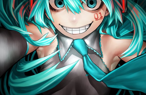 Anime picture 1000x650 with vocaloid hatsune miku single long hair looking at viewer smile twintails aqua eyes aqua hair inscription teeth grin crazy smile girl necktie
