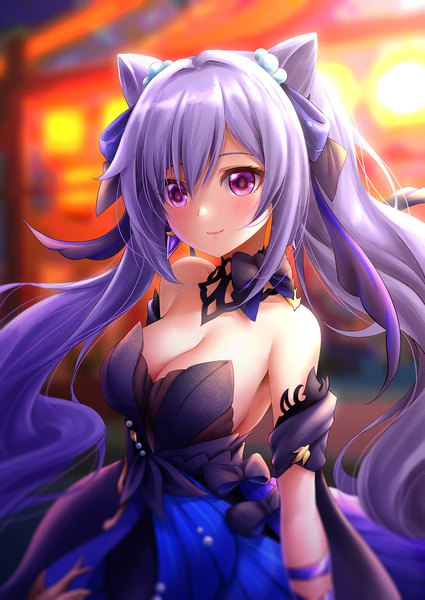 Anime picture 1433x2024 with genshin impact keqing (genshin impact) keqing (opulent splendor) (genshin impact) royboy single long hair tall image looking at viewer blush fringe breasts light erotic smile hair between eyes large breasts standing twintails bare shoulders cleavage purple hair