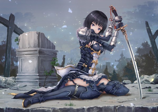 Anime picture 1412x1000 with shadowverse erika (shadowverse) ohnaka ito single looking at viewer fringe short hair black hair sitting purple eyes holding cloud (clouds) bent knee (knees) head tilt high heels wariza ruins girl thighhighs dress