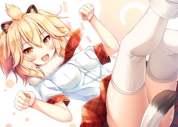 Anime picture 1400x997 with kemono friends lion (kemono friends) akashio (loli ace) single looking at viewer blush fringe short hair open mouth light erotic simple background blonde hair hair between eyes animal ears yellow eyes tail :d animal tail short sleeves fur trim