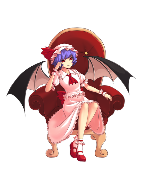 Anime picture 2000x2500 with touhou remilia scarlet reiji-rj single tall image looking at viewer fringe highres short hair red eyes sitting purple hair full body light smile arm support short sleeves fang (fangs) puffy sleeves transparent background girl