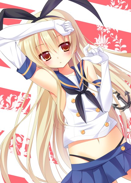 Anime picture 1036x1450 with kantai collection shimakaze destroyer nakada rumi single long hair tall image looking at viewer blush blonde hair brown eyes midriff girl gloves navel miniskirt elbow gloves