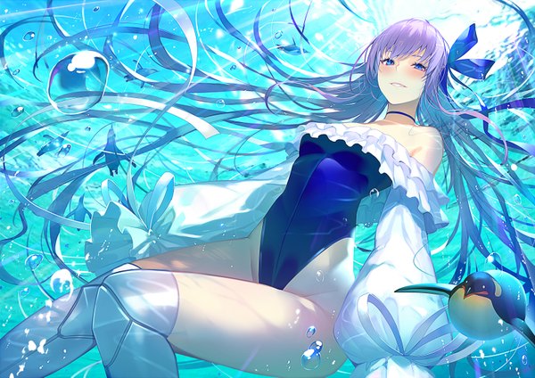 Anime picture 1600x1131 with fate (series) fate/grand order meltryllis (fate) meltryllis (swimsuit lancer) (fate) kakage single long hair looking at viewer blush fringe breasts blue eyes light erotic smile bare shoulders purple hair parted lips sunlight off shoulder underwater