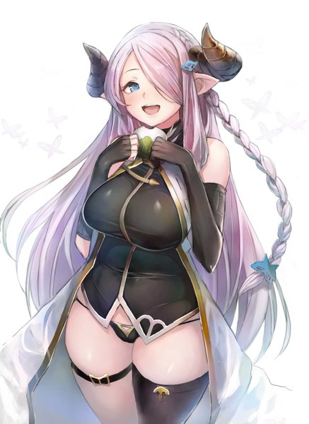 Anime picture 1240x1700 with granblue fantasy narmaya (granblue fantasy) taishi (picchiridou) single long hair tall image blush fringe breasts open mouth blue eyes light erotic simple background smile large breasts standing white background holding payot looking away