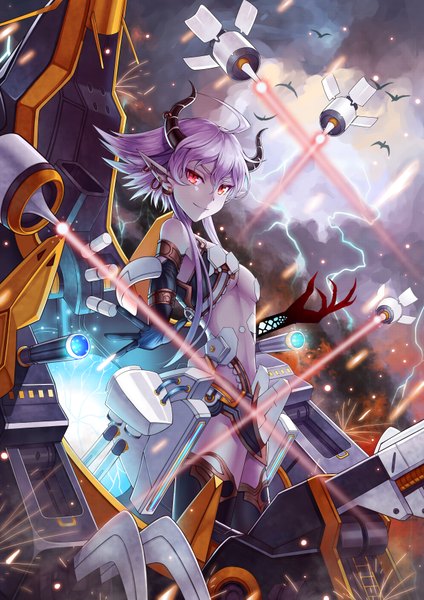 Anime picture 2480x3508 with original ling si single tall image looking at viewer blush fringe highres short hair light erotic smile bare shoulders purple hair multicolored hair horn (horns) pointy ears sunlight outstretched arm magic glowing