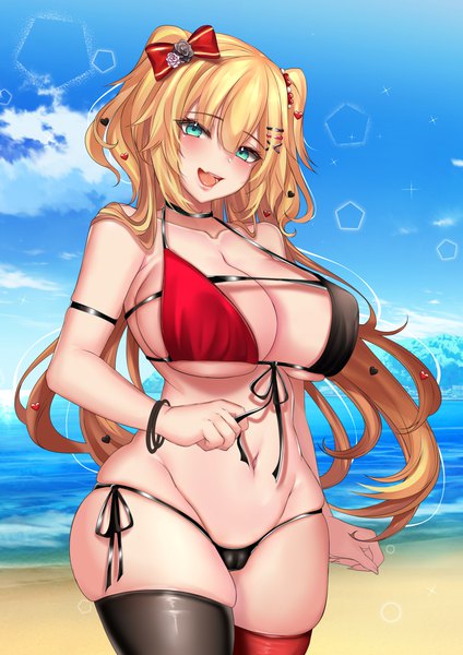 Anime-Bild 3035x4299 mit virtual youtuber hololive akai haato nyctea single long hair tall image looking at viewer blush fringe highres breasts open mouth light erotic blonde hair smile hair between eyes large breasts standing absurdres