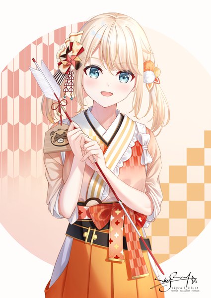 Anime picture 1063x1500 with virtual youtuber hololive kazama iroha kazama iroha (new year) skyrail (skynetrailgun) single long hair tall image looking at viewer fringe open mouth blue eyes blonde hair twintails signed :d official alternate costume yagasuri girl hair ornament
