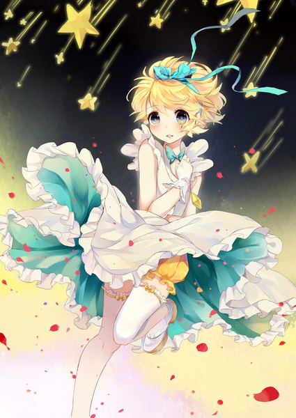 Anime picture 709x1002 with sugar sugar rune studio pierrot vanilla mieux bai shou jun single tall image looking at viewer blush short hair blue eyes blonde hair standing bent knee (knees) wind standing on one leg dress lift shooting star girl thighhighs dress