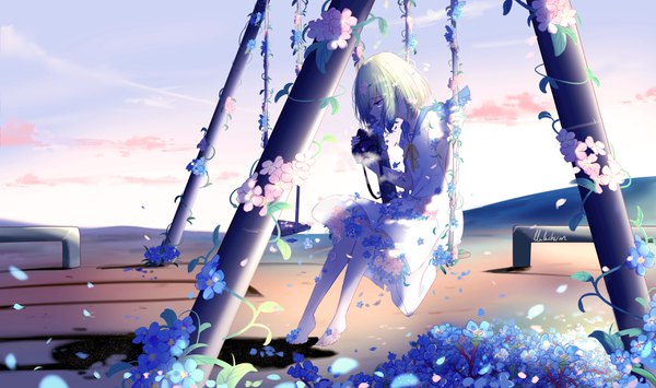 Anime picture 3507x2080 with original ohana (lluluchwan) lluluchwan single highres short hair wide image green eyes signed absurdres sky cloud (clouds) full body profile barefoot hair flower shadow tears crying girl