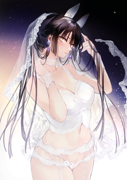 Anime picture 1062x1505 with original yukibuster single long hair tall image looking at viewer blush fringe breasts light erotic black hair large breasts standing bare shoulders animal ears yellow eyes payot cleavage ponytail blunt bangs
