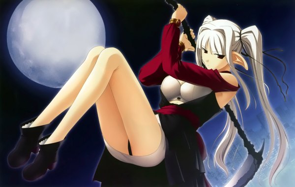 Anime picture 1431x908 with light erotic twintails white hair night elf girl weapon moon scythe