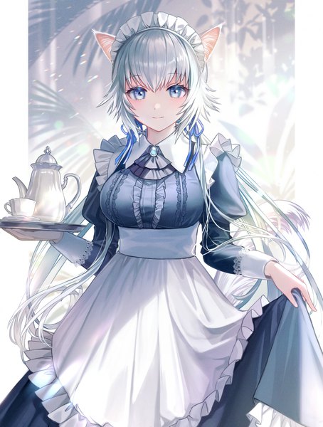 Anime picture 1512x2000 with original maica sunahara single long hair tall image looking at viewer fringe breasts blue eyes smile hair between eyes large breasts standing twintails holding animal ears silver hair tail long sleeves animal tail
